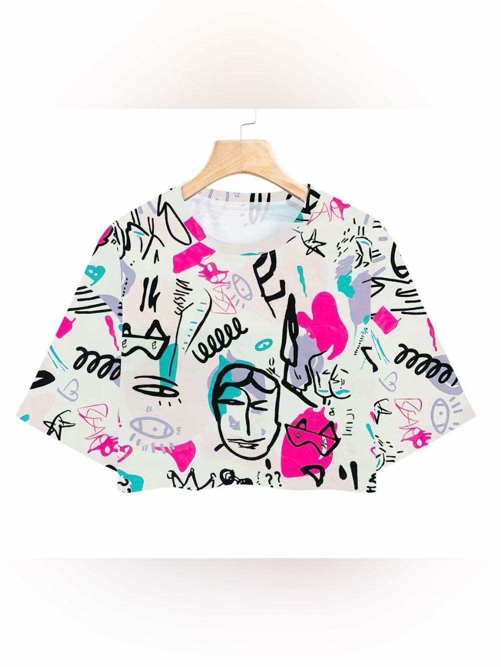 Women’s Graffiti Print Crop Tee - White, Pink, Teal